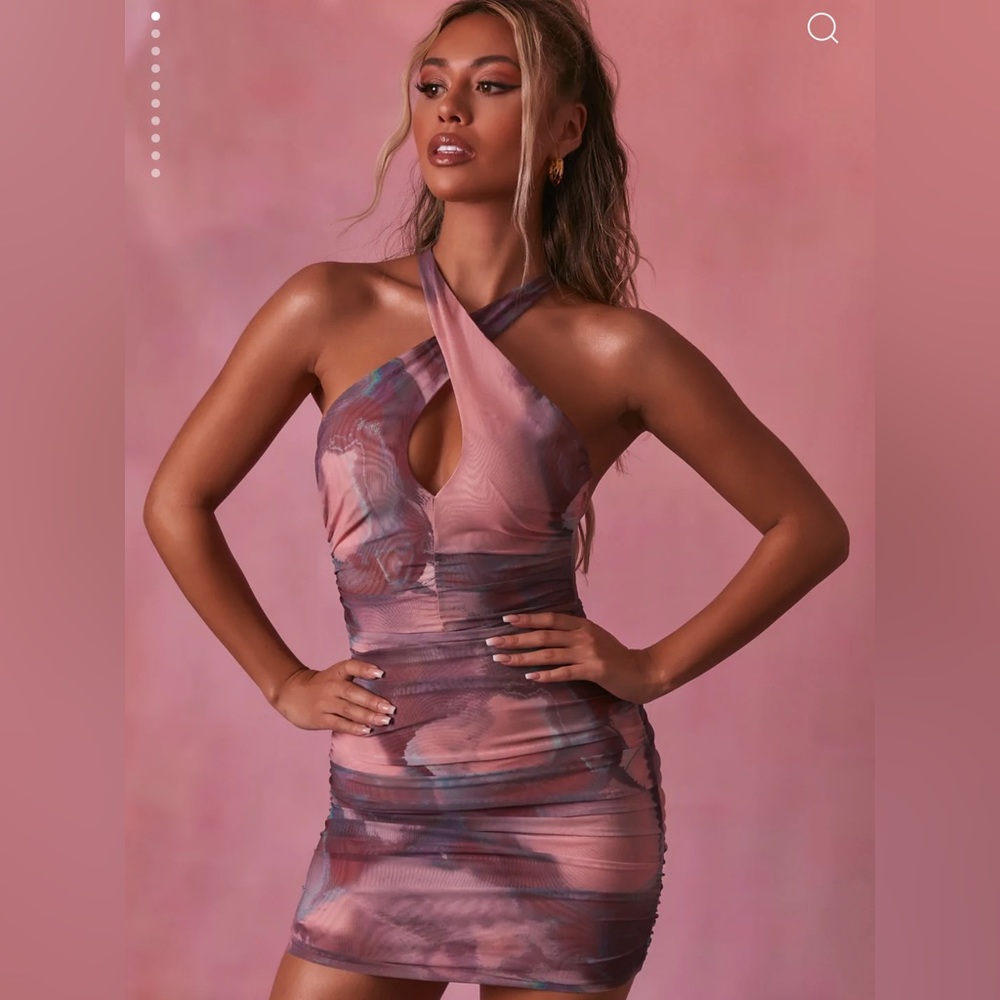 OhPolly Out Of This World Crossover Ruched Mesh Mini Dress in Blush